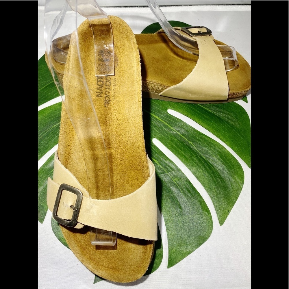 Naot Beige Leather Buckle Slide Sandals